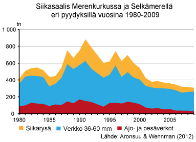 Siikasaalis Merenkurkussa ja Selkämerellä eri pyydyksillä vuosina 1980-2009.